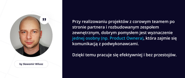 Obrazek pokazuje przewodnią opinię na temat konieczności wskazania osoby która będzie w stałym kontakcie z klientem na temat prowadzonego projektu IT - Product Owner