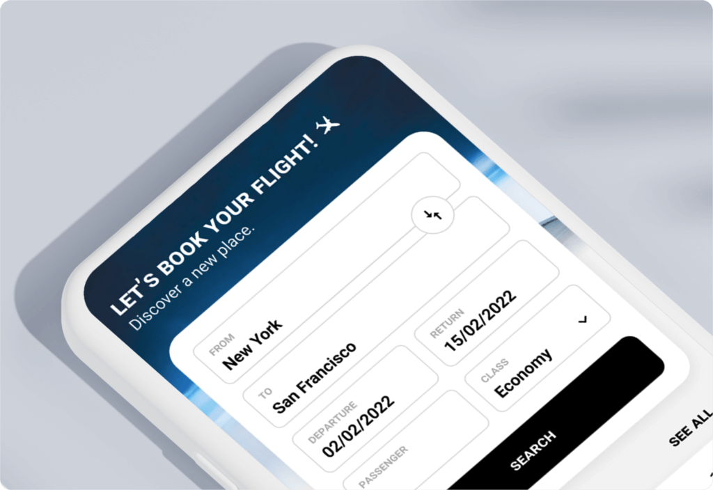 Ile kosztuje stworzenie aplikacji mobilnej - przykład aplikacji mobilnej do rezerwacji lotów zaprojektowanej przez zespół Fingoweb