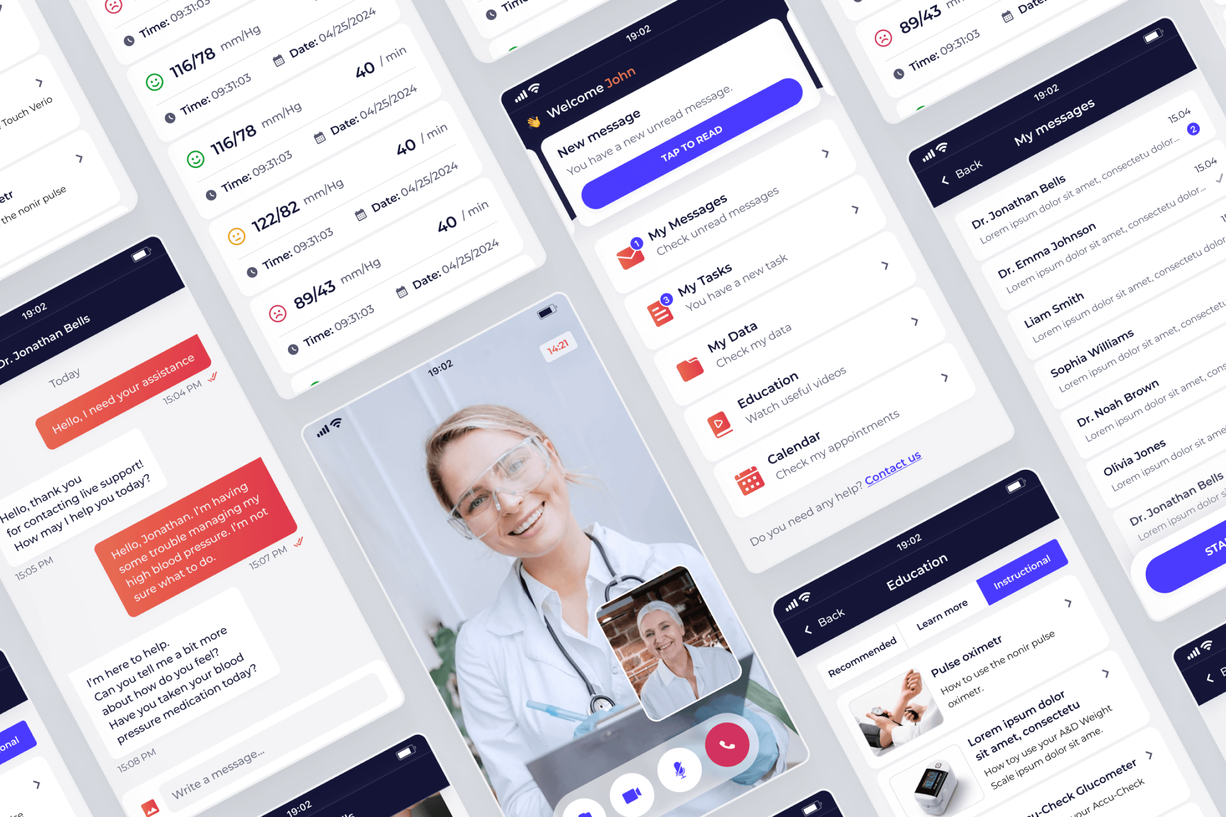 mobile healthcare application mockups showing difffrent displays of the app