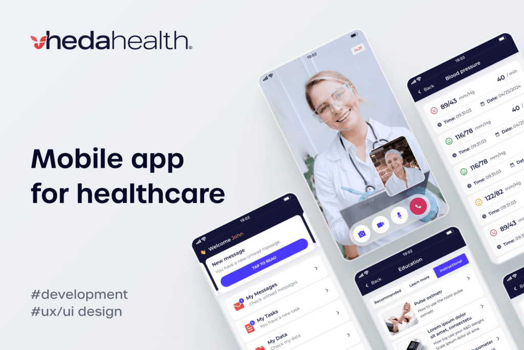 Healthcare software development cost: Vheda Health patient mobile app with video consultations and blood pressure readings, built by Fingoweb
