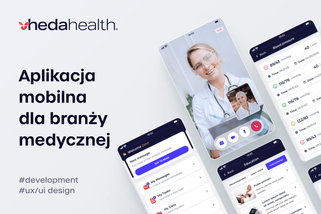 Aplikacja mobilna dla pacjentów Vheda Health z wideokonsultacją i pomiarami ciśnienia, stworzona przez Fingoweb